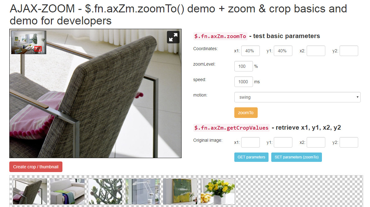 JavaScript zoomTo coordinates crop images