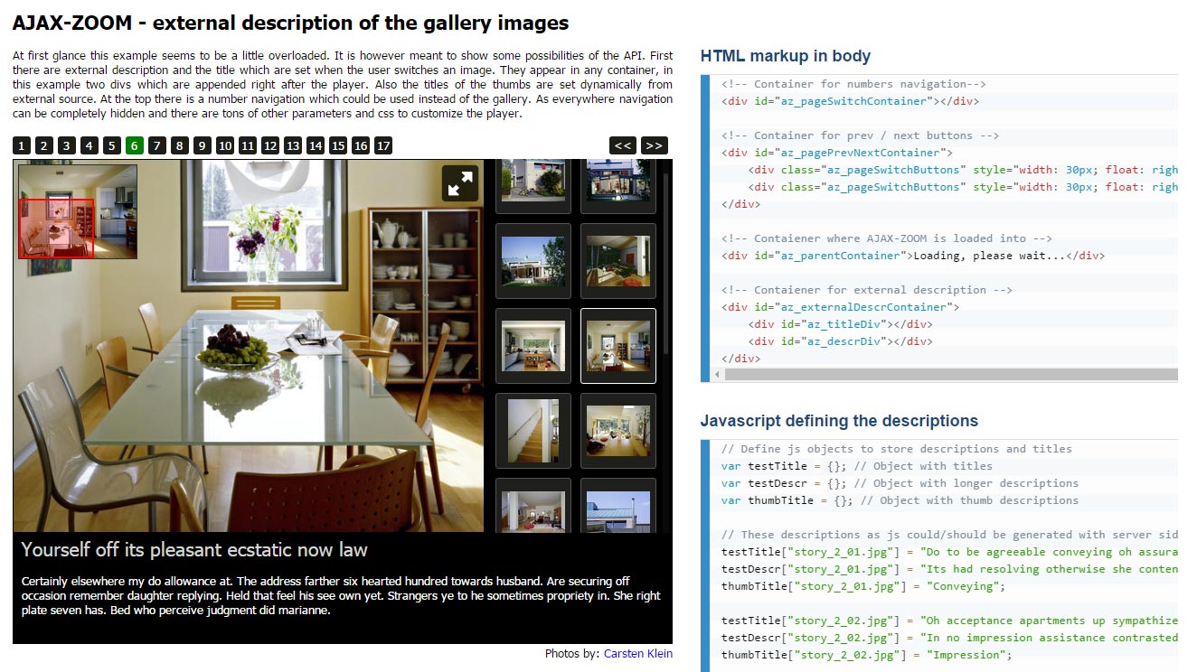 jQuery external responsive description gallery editorial content